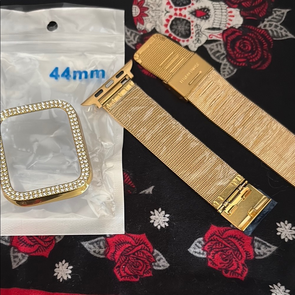 Gold Mesh Watch Band with Rhinestone Frame